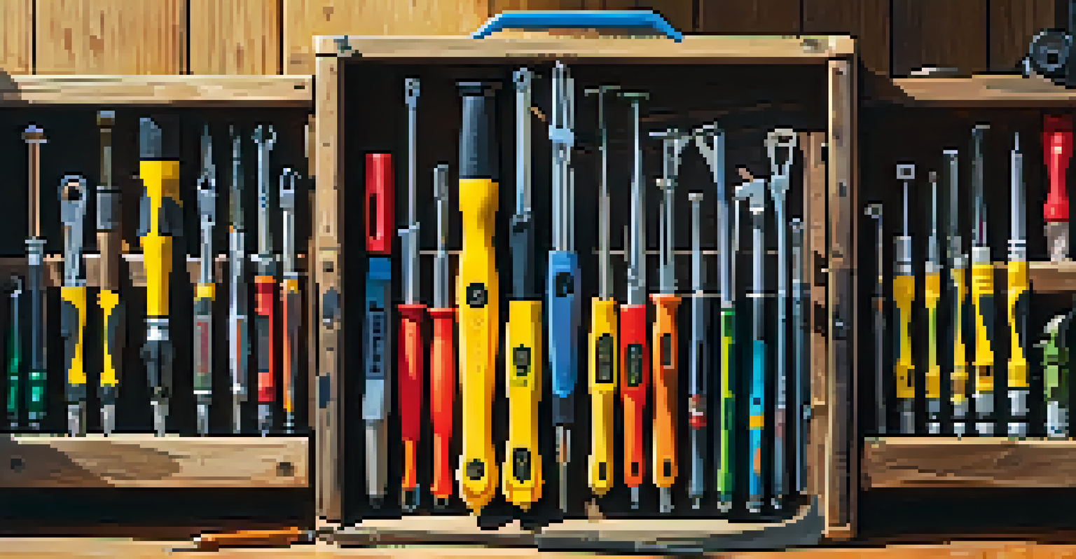 An organized toolbox filled with colorful screwdrivers and pliers, sitting on a rustic table with sunlight filtering through.