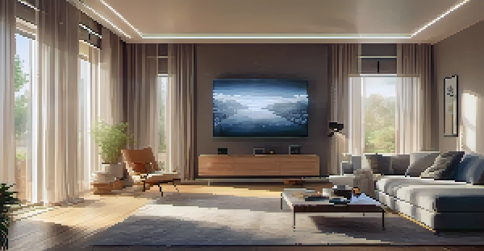 A cozy living room with smart lights on and a thermostat displaying a comfortable temperature, while sunlight shines through curtains.