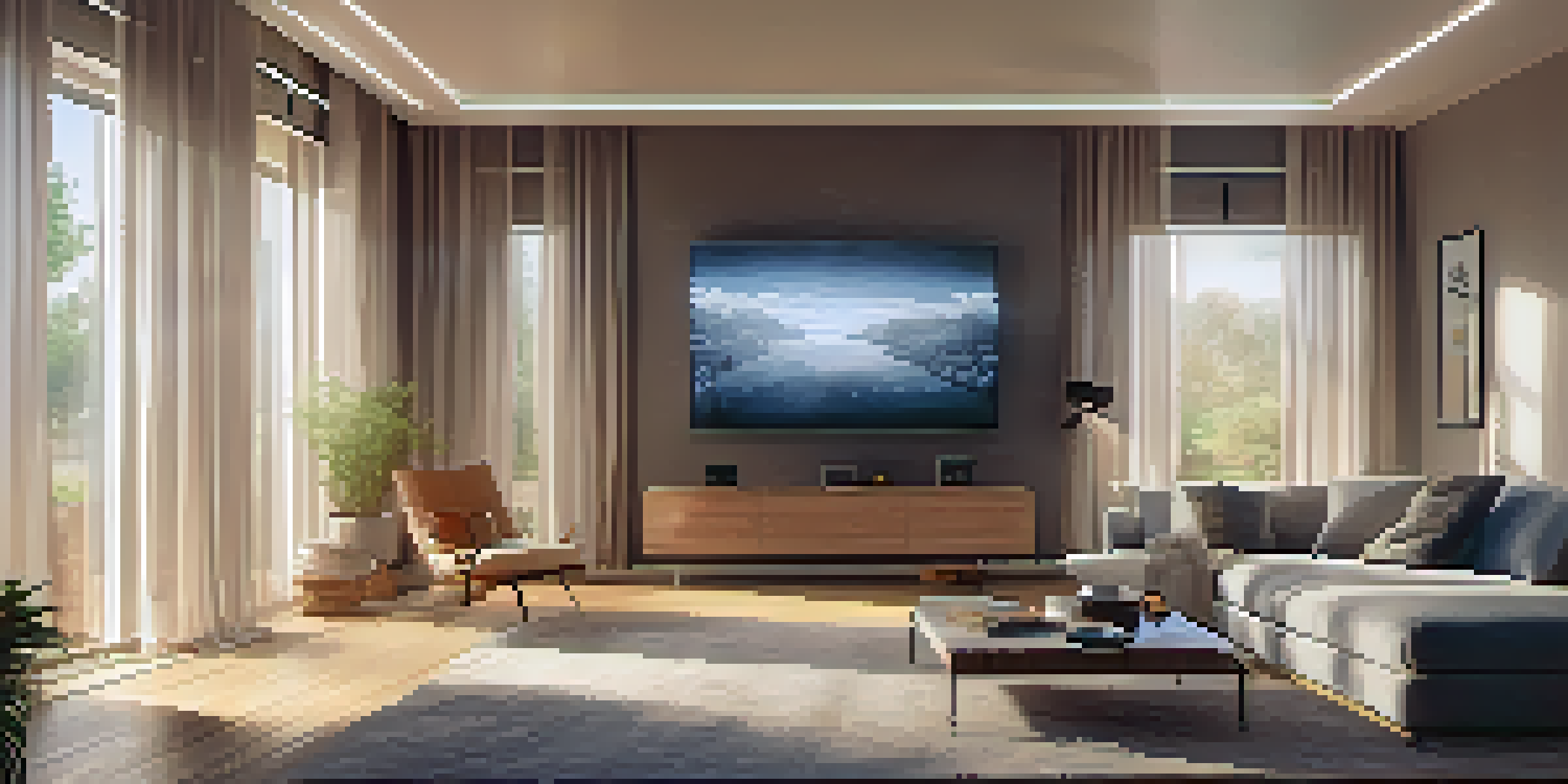 A cozy living room with smart lights on and a thermostat displaying a comfortable temperature, while sunlight shines through curtains.