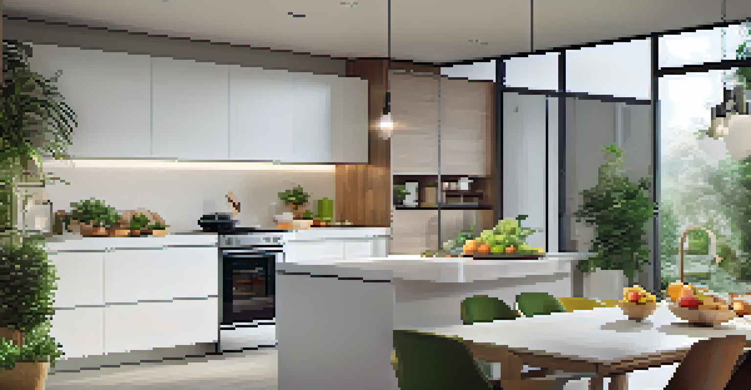 A contemporary kitchen featuring smart appliances and bright LED lighting, with a view of a garden.