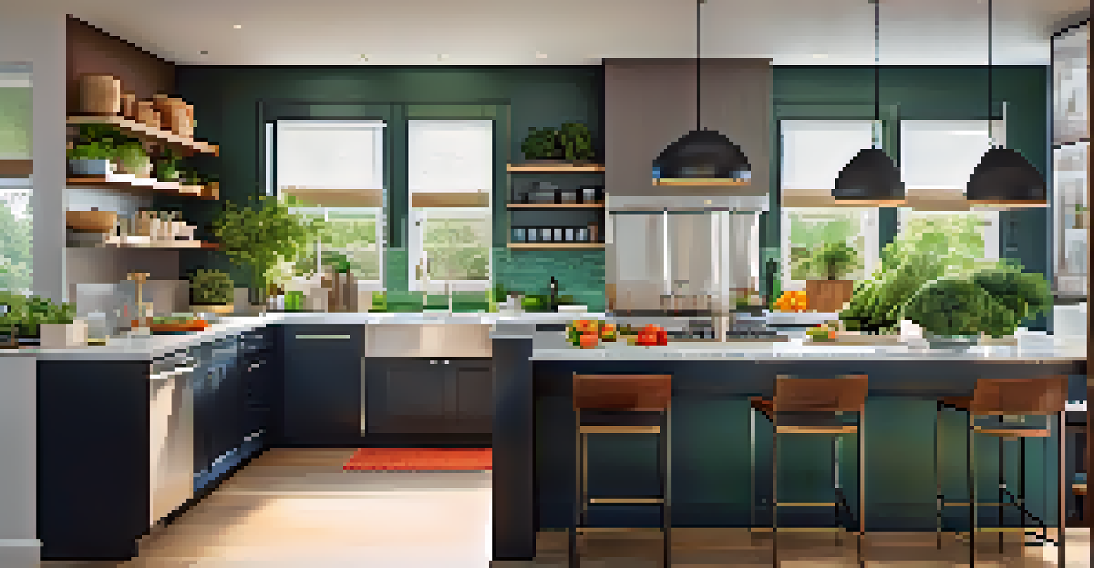 A modern kitchen with sleek appliances and fresh vegetables on the counter, illuminated by sunlight.
