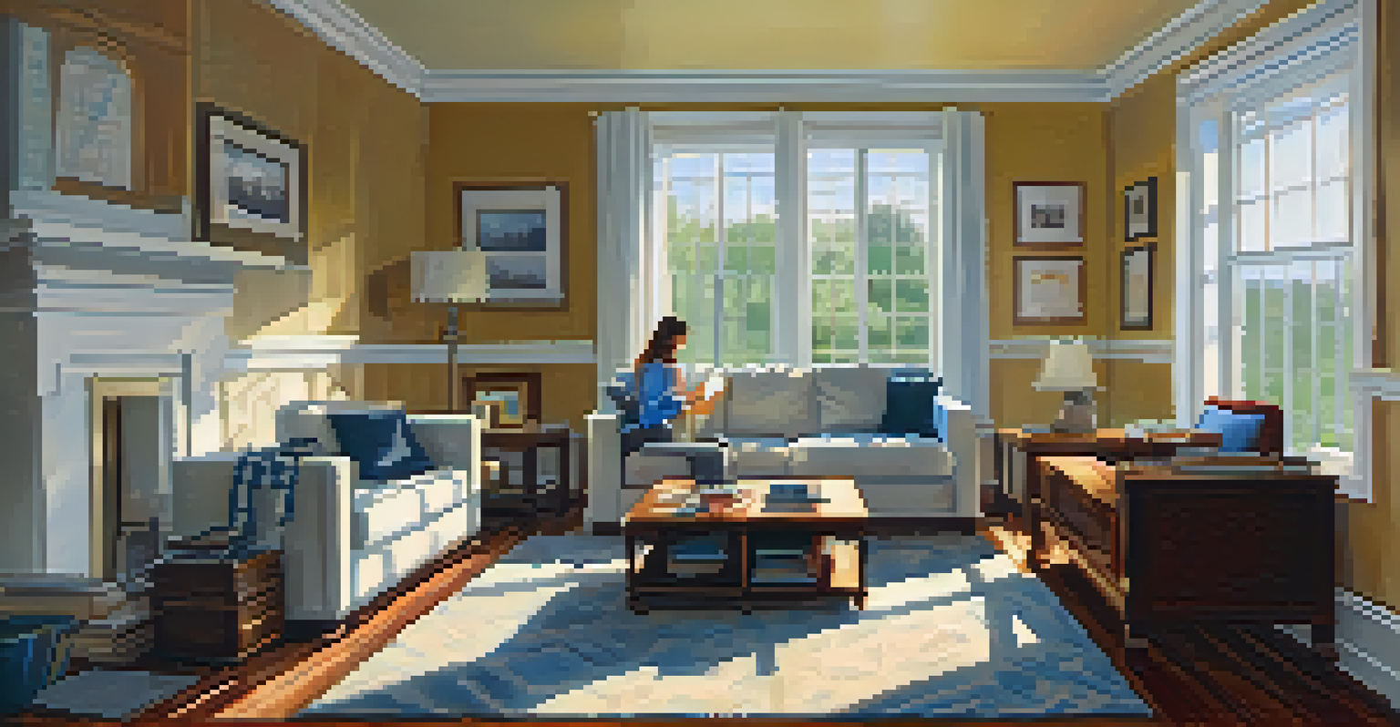 An inspector examining a corner for mold in a bright living room, with a sofa and natural light coming through windows.