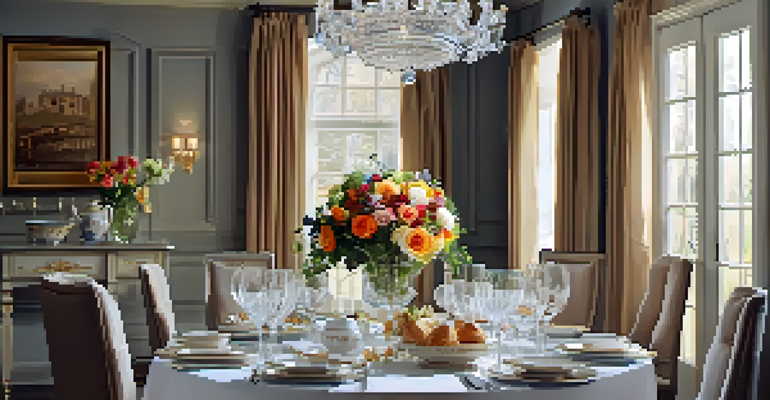 An elegantly set dining room table with fine china, glassware, and a floral centerpiece, illuminated by soft chandelier lights.