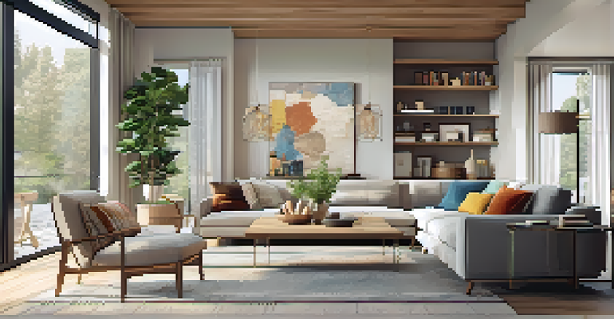 A spacious and bright open-concept living area with modern furniture and warm colors, emphasizing a blend of style and functionality.