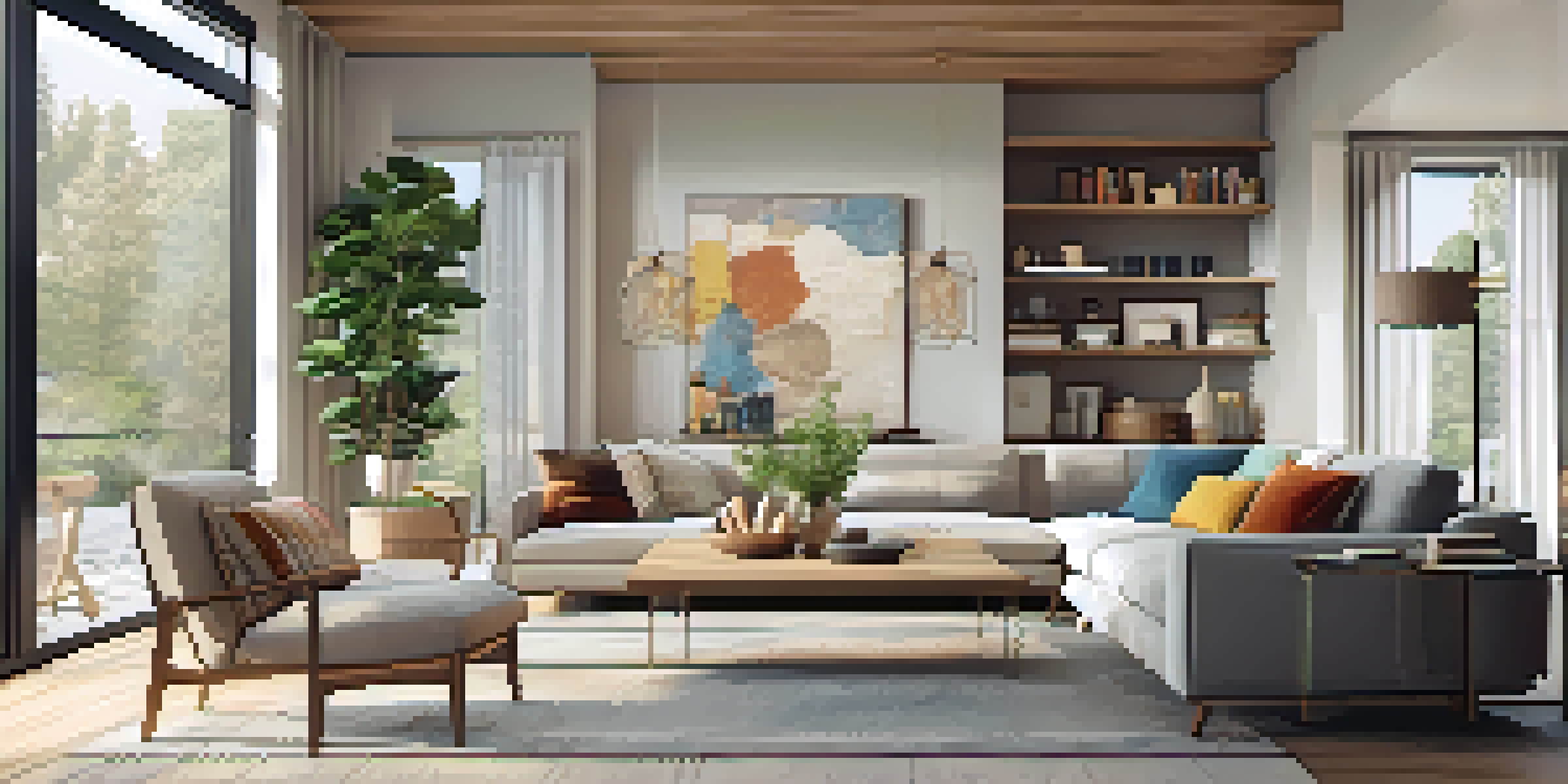 A spacious and bright open-concept living area with modern furniture and warm colors, emphasizing a blend of style and functionality.