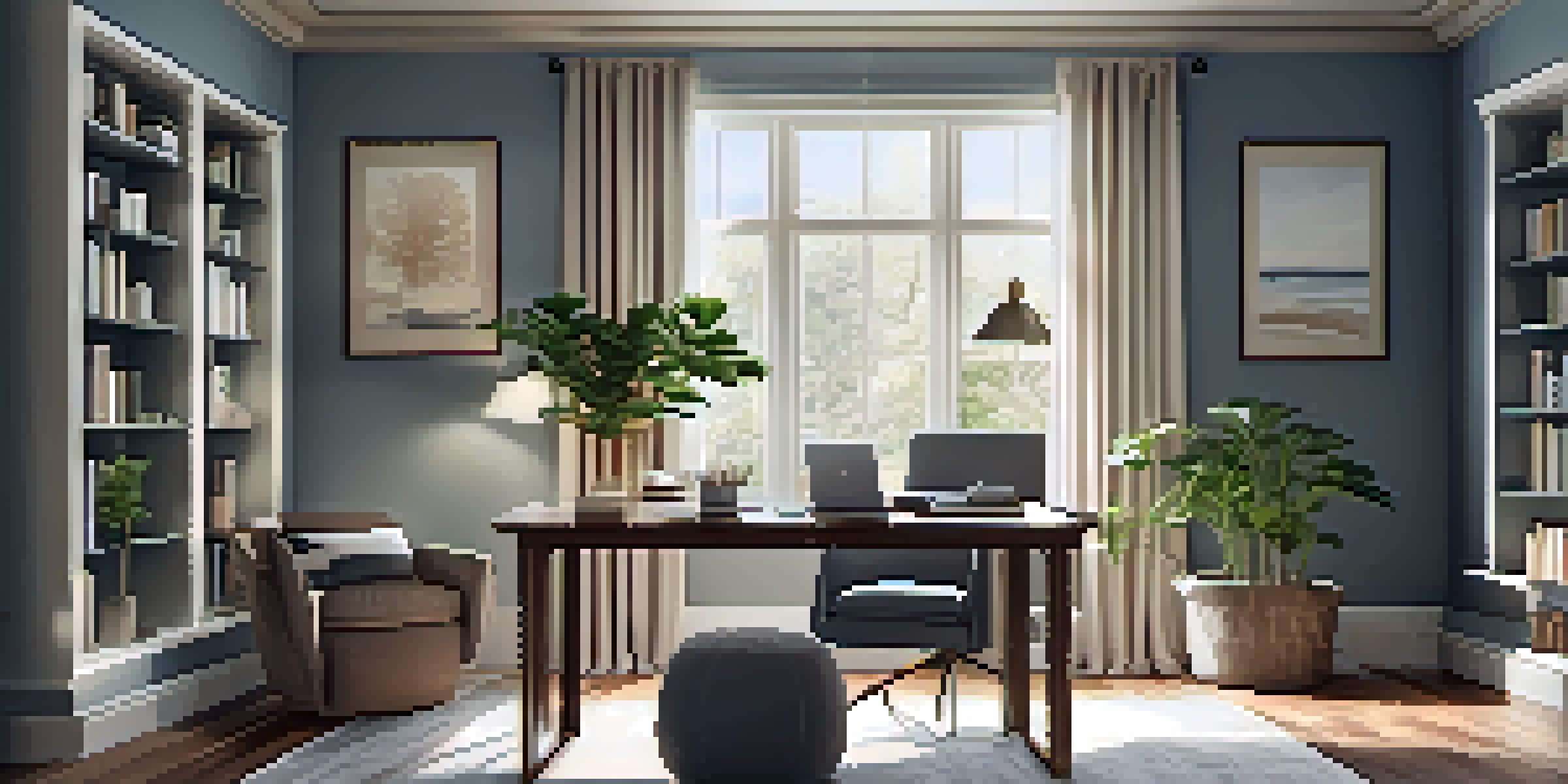 A well-organized home office with different zones for reading, focused work, and relaxation, decorated with plants and artwork.