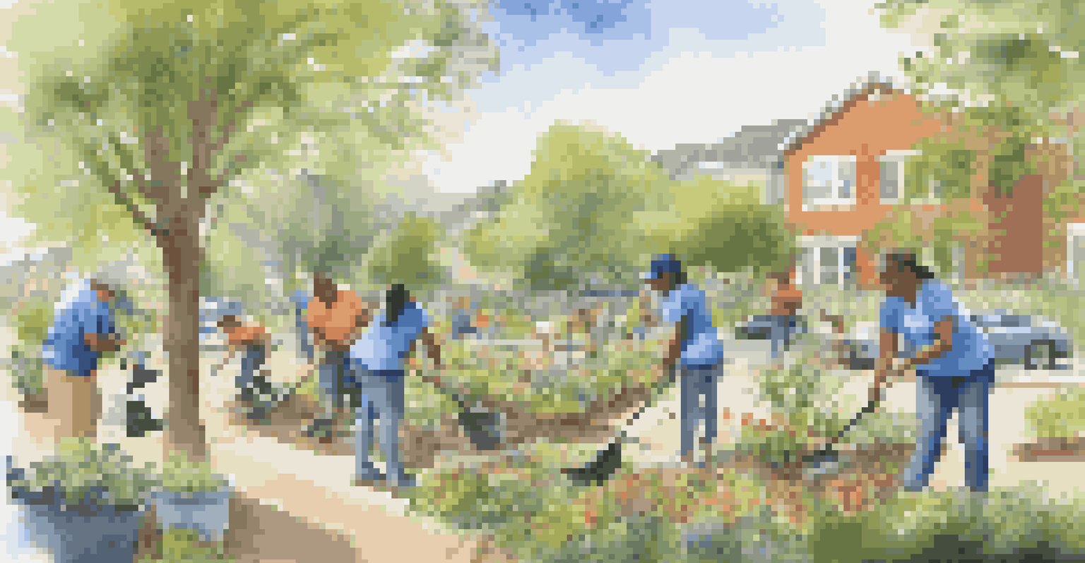 A group of volunteers participating in a community cleanup, planting flowers and picking up litter in a sunny park.