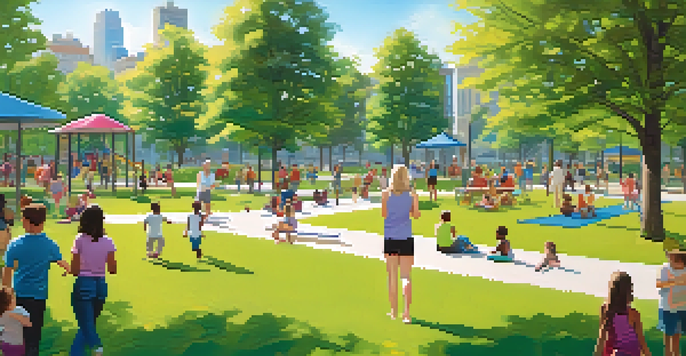 A lively urban park with people of various ages enjoying the outdoors, surrounded by greenery and flowers under a clear sky.