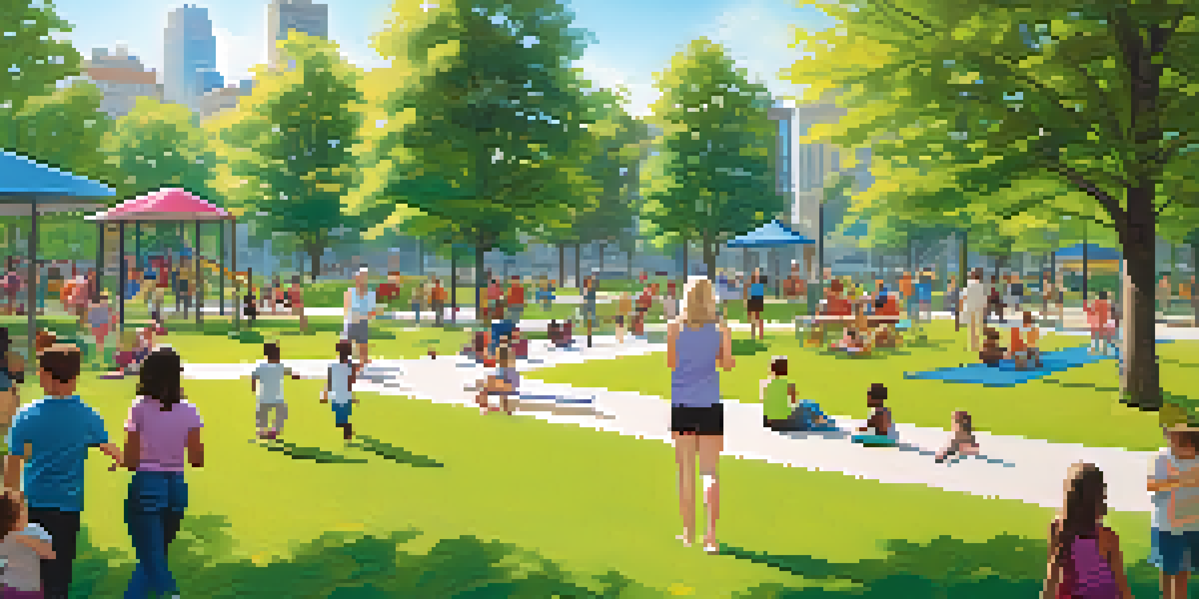 A lively urban park with people of various ages enjoying the outdoors, surrounded by greenery and flowers under a clear sky.