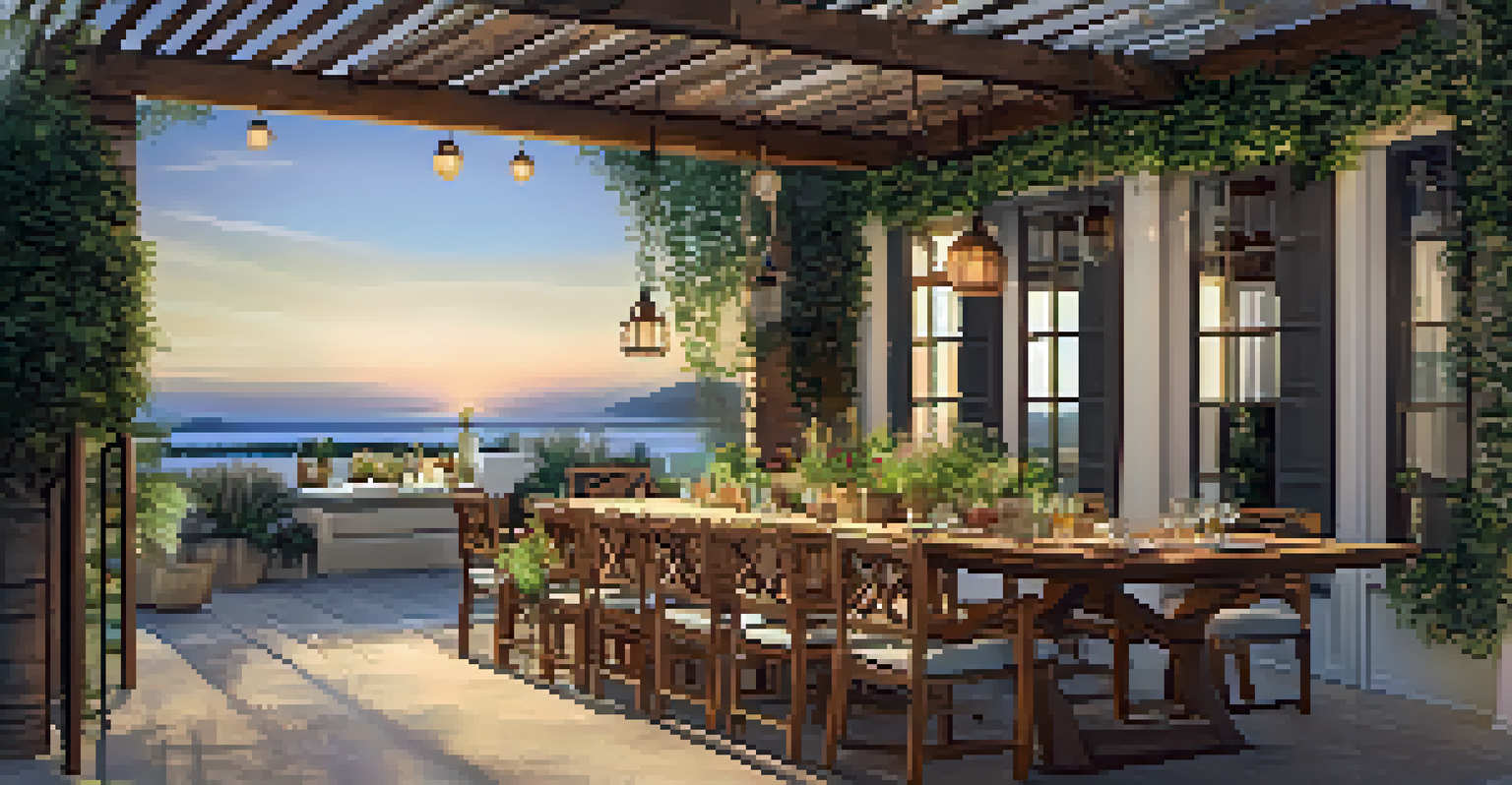An outdoor dining area with a wooden table set for a meal, cushioned chairs, and a shaded pergola with hanging plants.