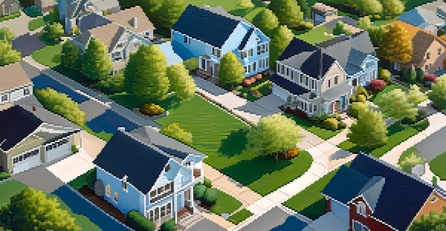 An aerial view of a suburban neighborhood with homes, trees, and families enjoying outdoor activities.