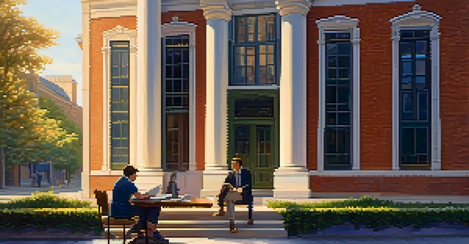 An architect and a resident discussing blueprints outside a vintage library, with a community gathering.