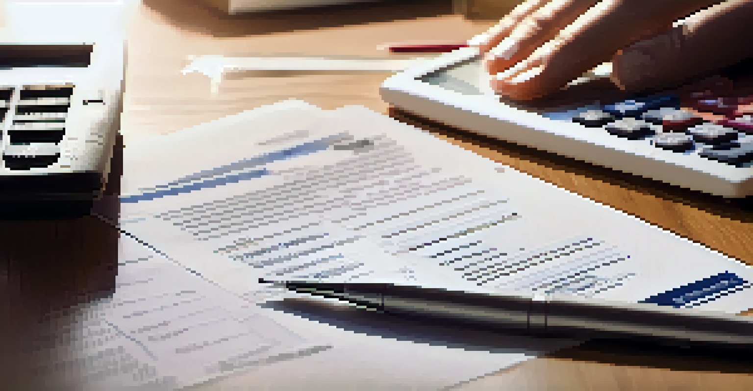 A close-up of a homebuyer examining a Closing Disclosure document on a wooden table with a pen and calculator.