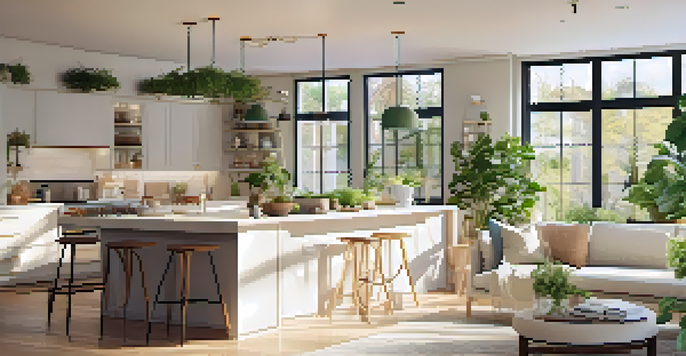 A spacious and well-lit open floor plan featuring a modern kitchen and cozy living room, with sunlight filtering through large windows.