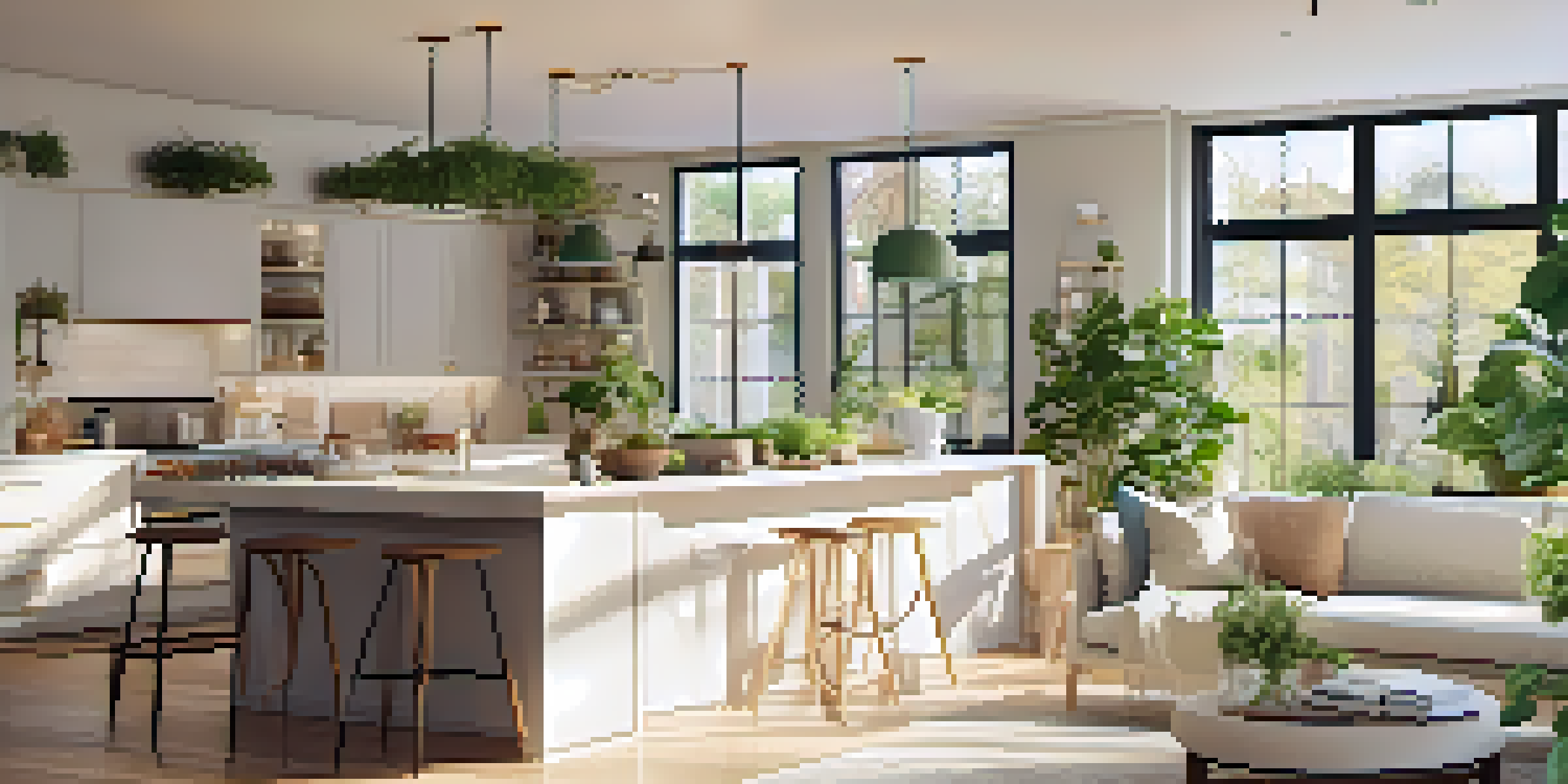A spacious and well-lit open floor plan featuring a modern kitchen and cozy living room, with sunlight filtering through large windows.