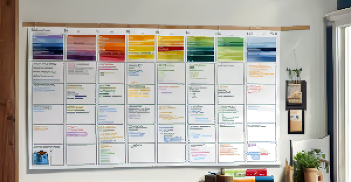 A wall calendar showcasing a detailed home renovation timeline with colorful markers and notes, illuminated by natural light from a window.