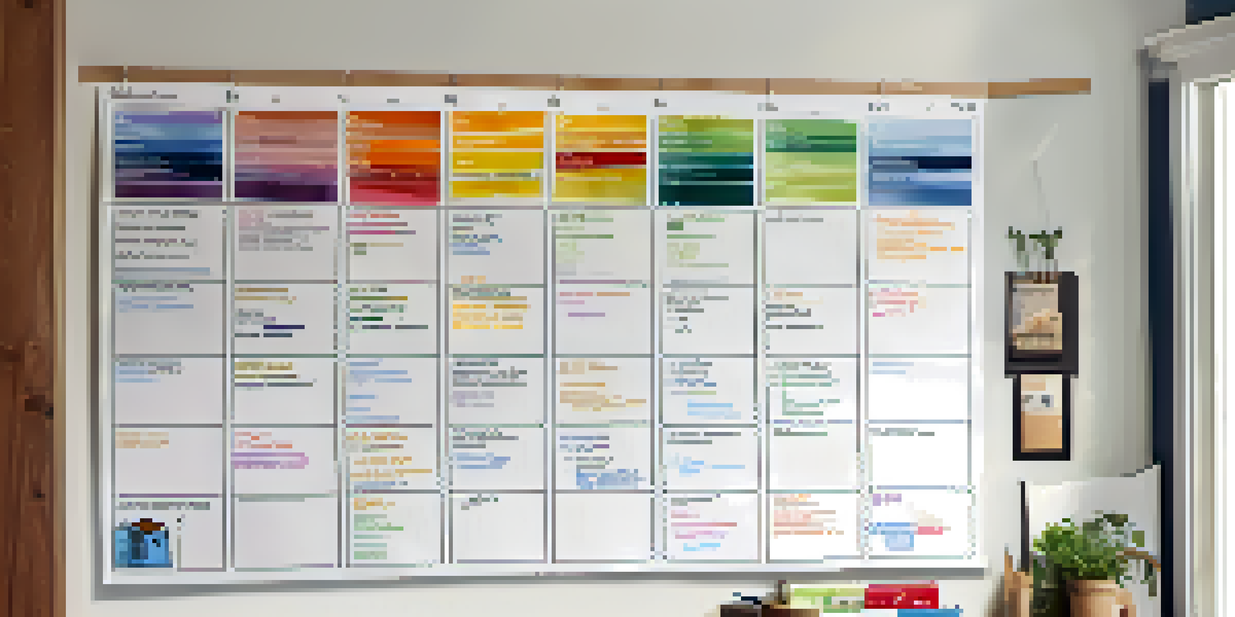 A wall calendar showcasing a detailed home renovation timeline with colorful markers and notes, illuminated by natural light from a window.