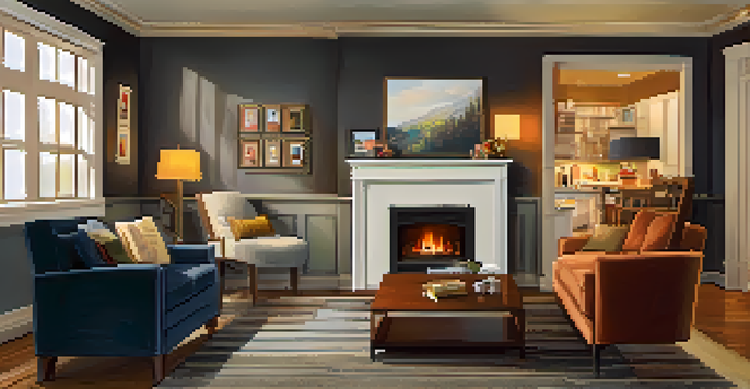 A warm living room with a fireplace, smoke detector, and fire extinguisher, showcasing a safe and inviting environment.
