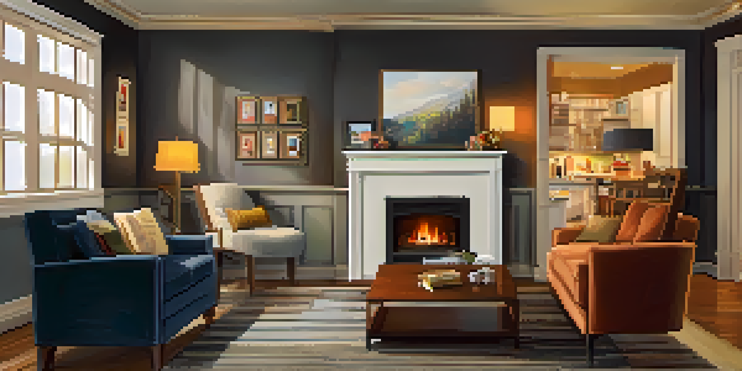 A warm living room with a fireplace, smoke detector, and fire extinguisher, showcasing a safe and inviting environment.