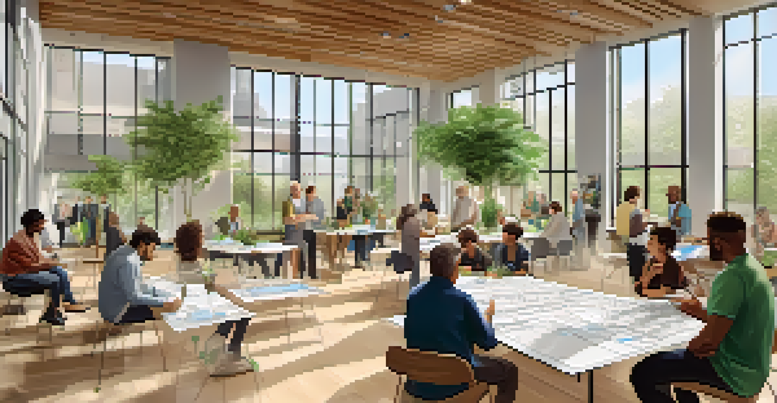 A community workshop with diverse participants discussing green building designs and zoning regulations in a sustainable architectural space.