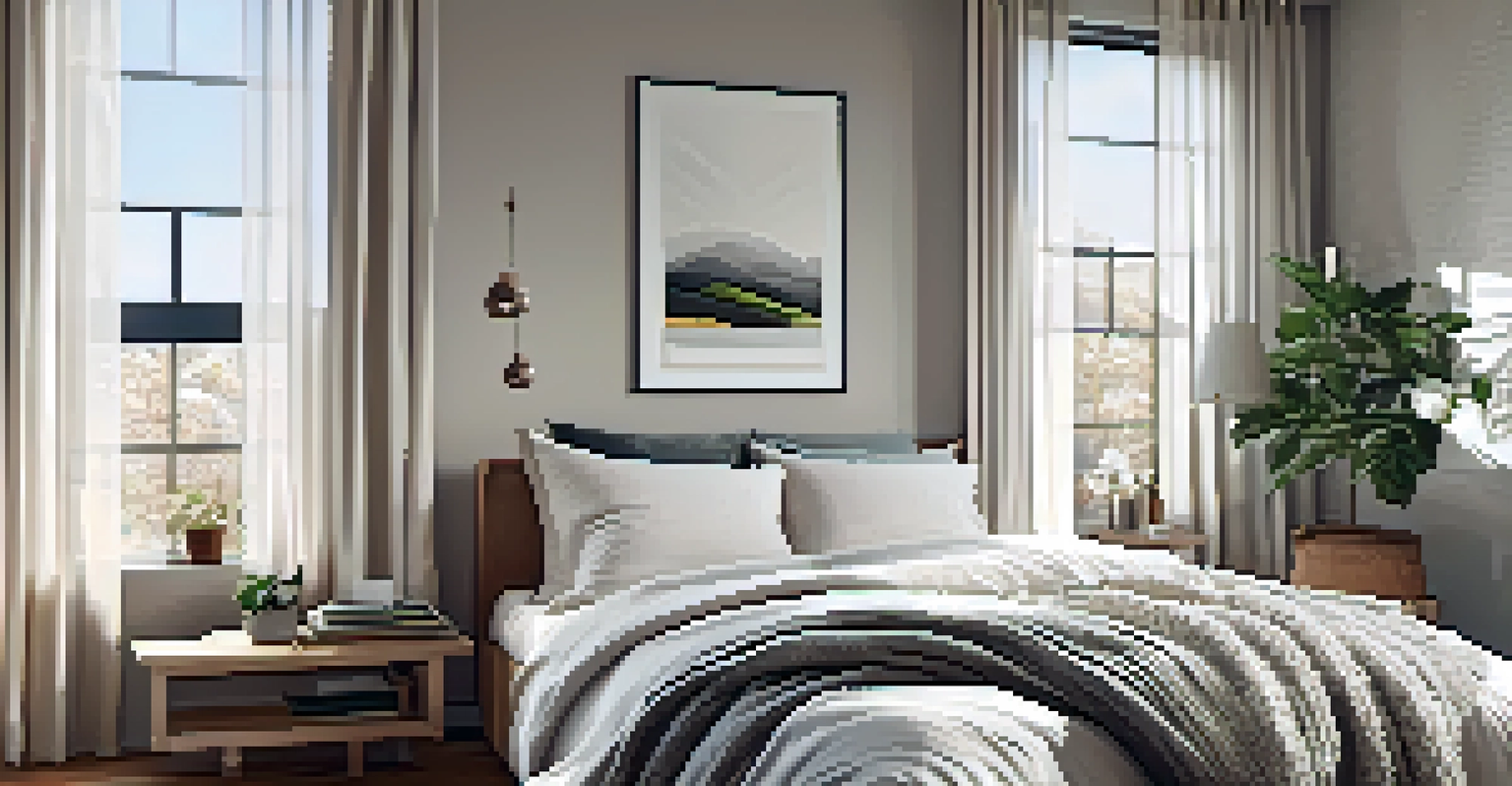 A warm and inviting small bedroom with a neatly made bed, texture-rich decor, and natural light coming through a large window.