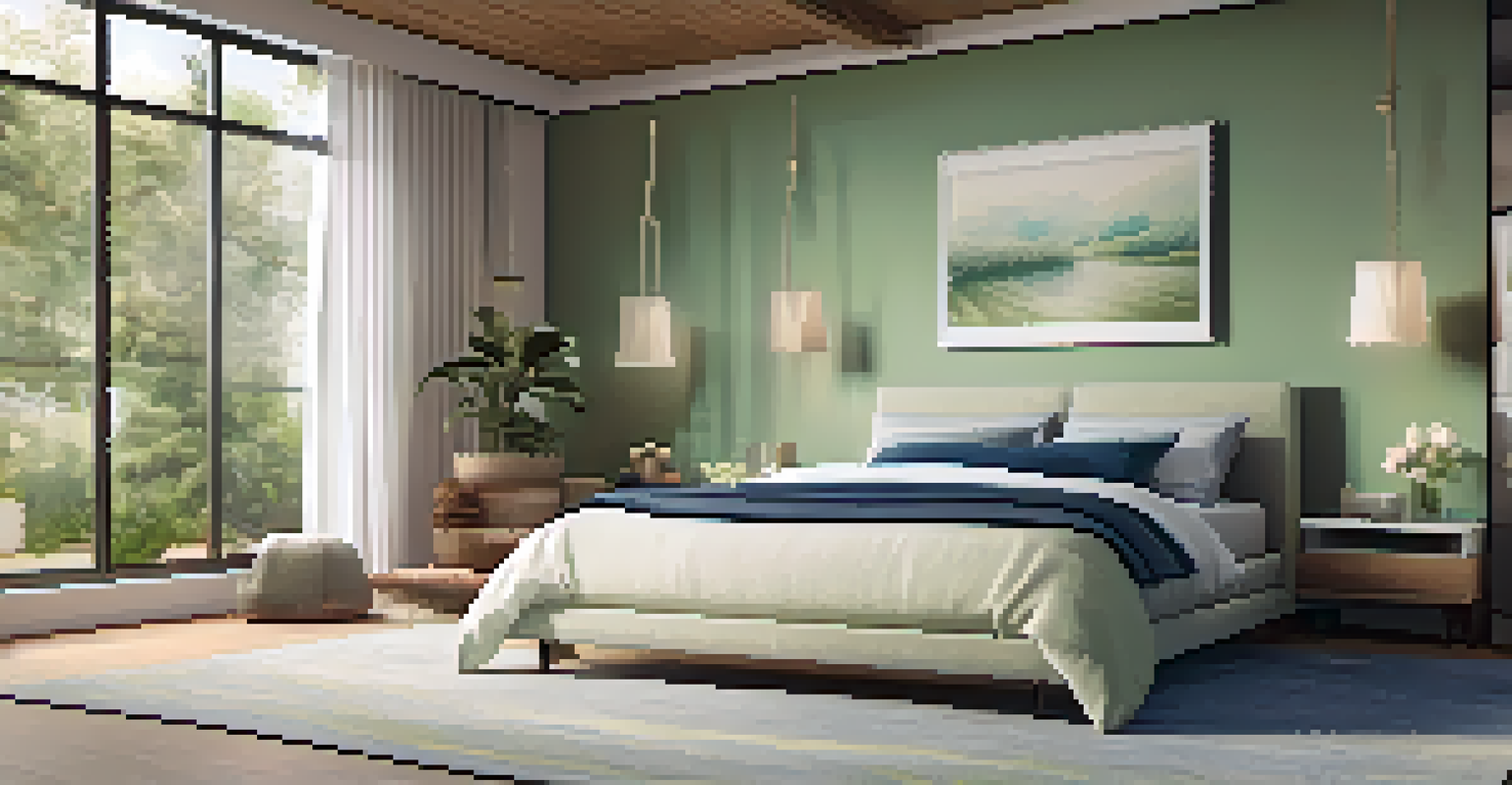 A tranquil bedroom decorated in soft greens and blues with a plush bed and ambient lighting.
