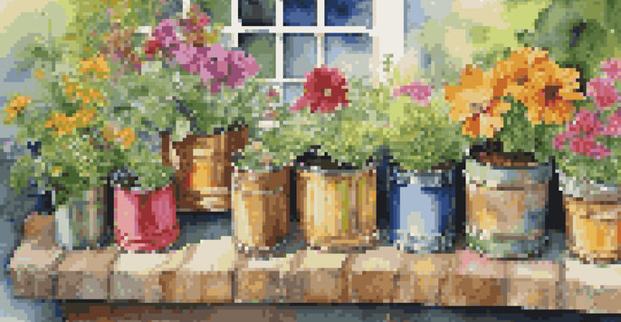 A colorful garden filled with unique planters made from recycled materials, including tin cans and old shoes, showcasing a variety of plants and flowers.