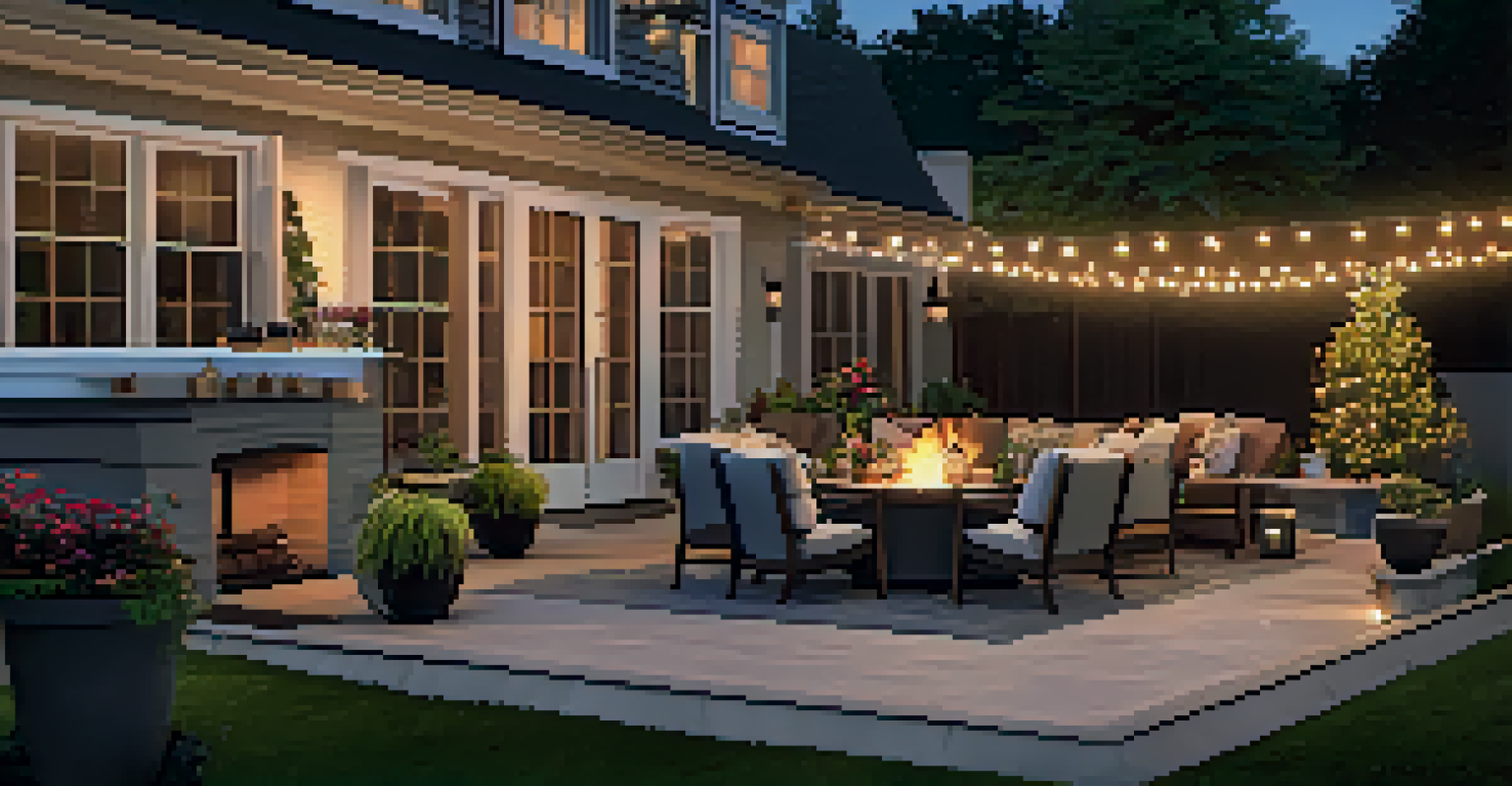 A cozy outdoor living space with a patio, fire pit, and string lights, surrounded by lush greenery and colorful flowers.