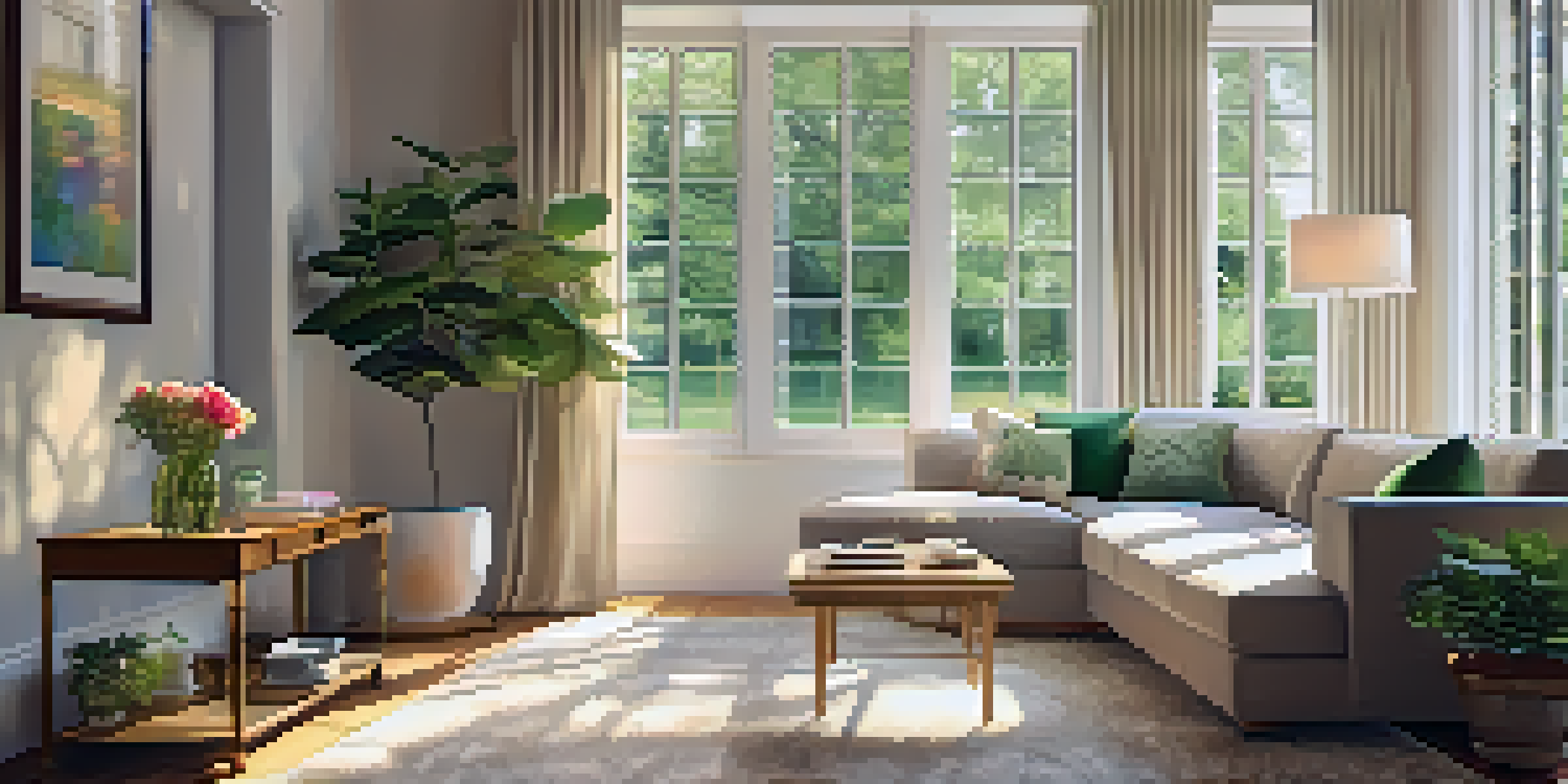 A bright living room with a sofa, windows overlooking a garden, and a coffee table with flowers.