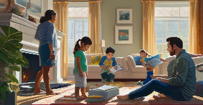 A family conducting a home safety assessment in their living room, using a checklist and discussing safety measures.