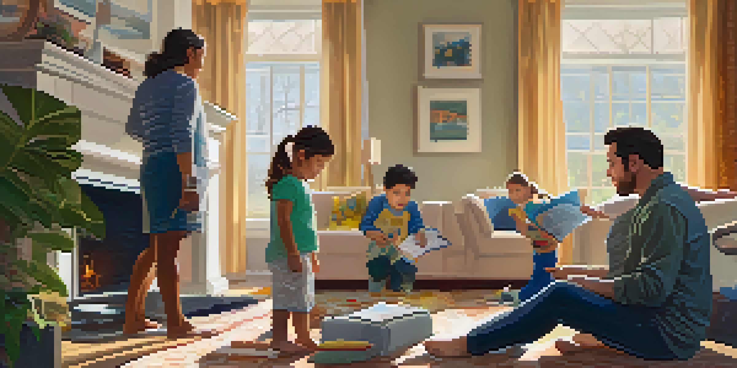 A family conducting a home safety assessment in their living room, using a checklist and discussing safety measures.