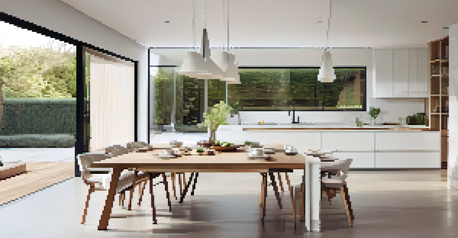 A minimalist kitchen and dining area with white cabinetry, a wooden dining table, and large sliding doors to a garden.
