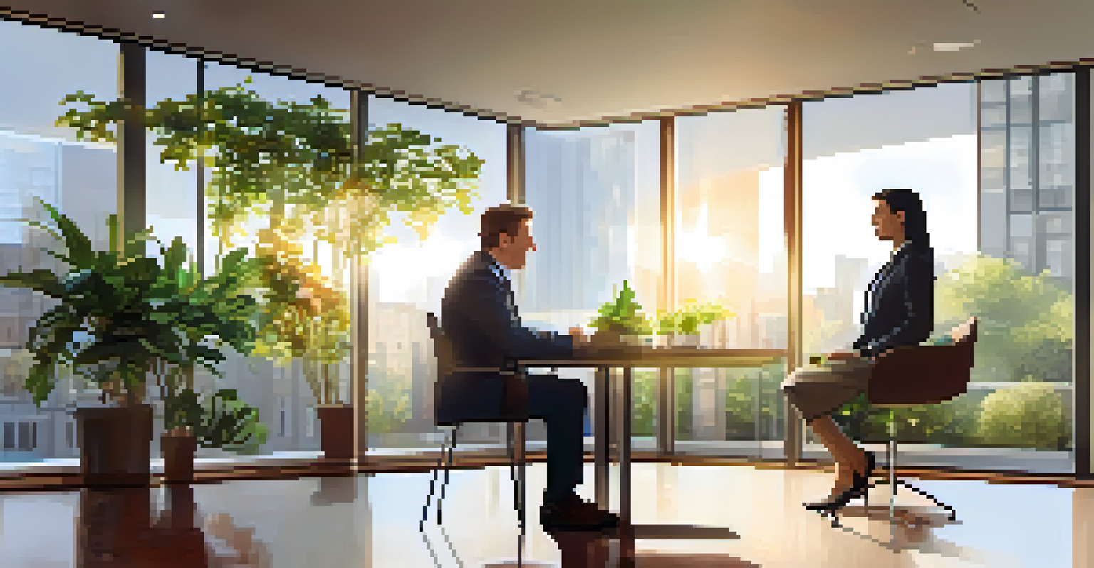 A landlord and a potential tenant engaged in an interview in a well-lit meeting room, surrounded by greenery and sunlight.