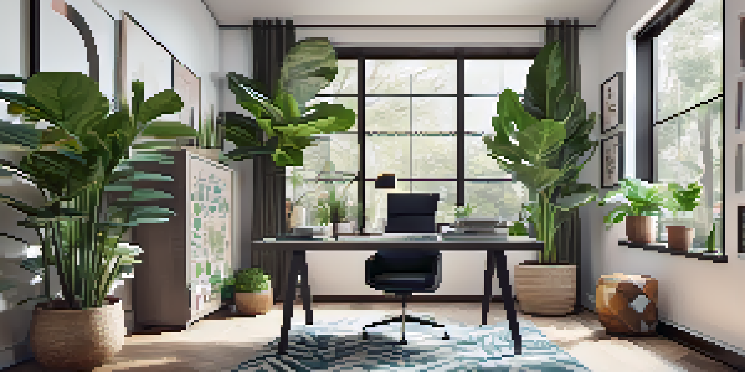 A modern home office with a fiddle leaf fig as the main plant, complemented by smaller plants, bright natural light, and cozy decor.