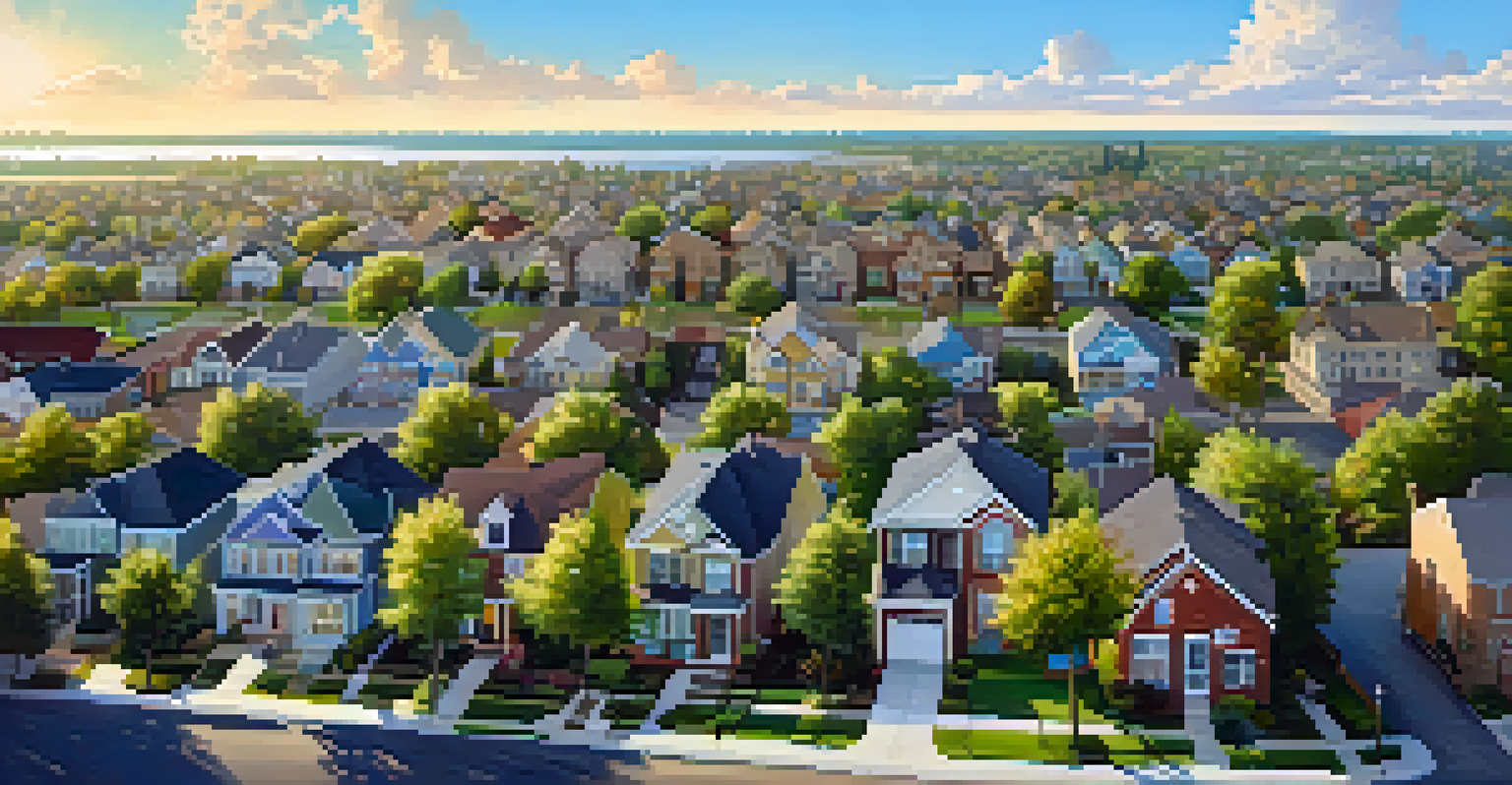 An aerial view of a lively neighborhood showcasing different homes, parks, and community spaces.