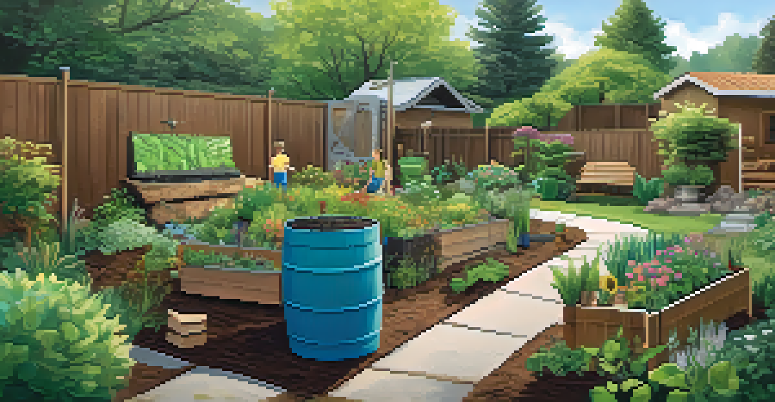 A family working in an eco-friendly garden with a rainwater barrel and compost pile, surrounded by plants.