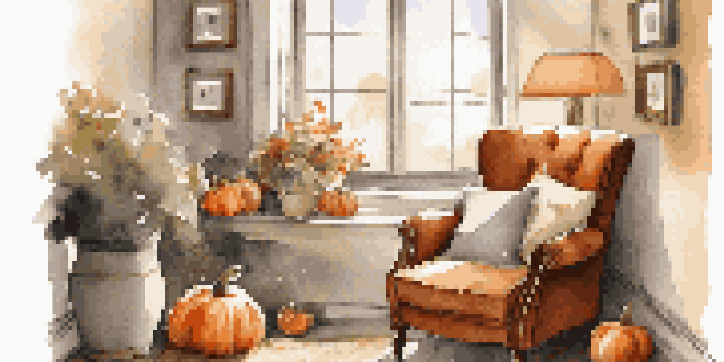 A cozy corner with a plush armchair, a knitted blanket, and seasonal fall decor including pumpkins and leaves, illuminated by warm sunlight from a window.