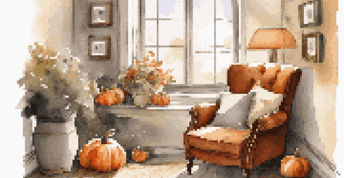 A cozy corner with a plush armchair, a knitted blanket, and seasonal fall decor including pumpkins and leaves, illuminated by warm sunlight from a window.