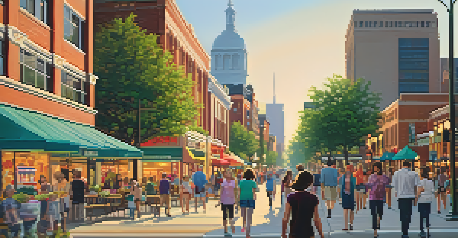 A lively downtown area filled with people, shops, and parks, illuminated by warm evening light, highlighting an active lifestyle.