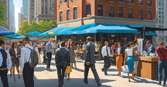 A busy urban scene with diverse professionals in business attire, skyscrapers, and cafes, under a bright sunny sky.