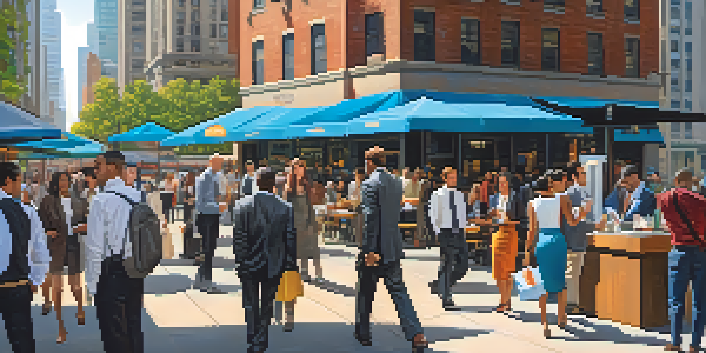 A busy urban scene with diverse professionals in business attire, skyscrapers, and cafes, under a bright sunny sky.