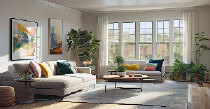 A bright and inviting modern living room with large windows, hardwood flooring, and a cozy seating area.