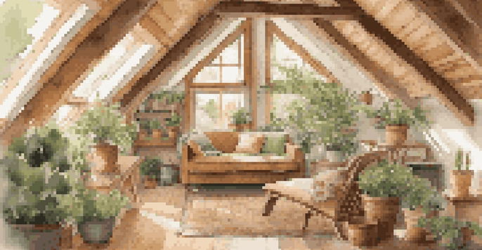 A bright and inviting attic filled with natural light, featuring energy-efficient windows and organized insulation materials.