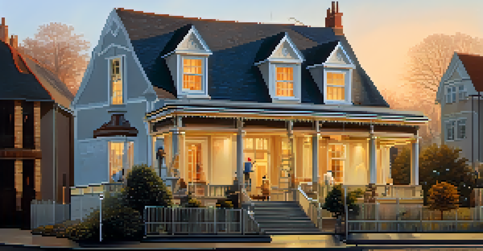 A charming house with scaffolding around it, showing workers painting and repairing the facade during a golden hour.