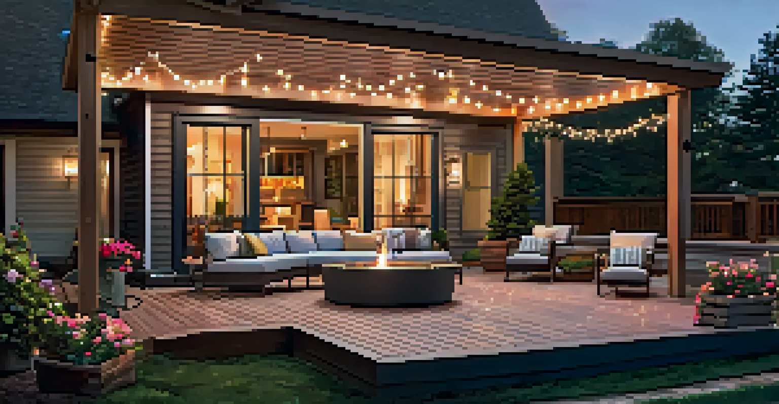 A stylish modern deck with a fire pit and string lights, surrounded by a colorful garden at twilight.