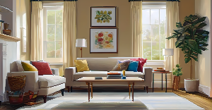 A warm and inviting living room with ambient lighting from floor and table lamps, a cozy sofa, and illuminated bookshelves.