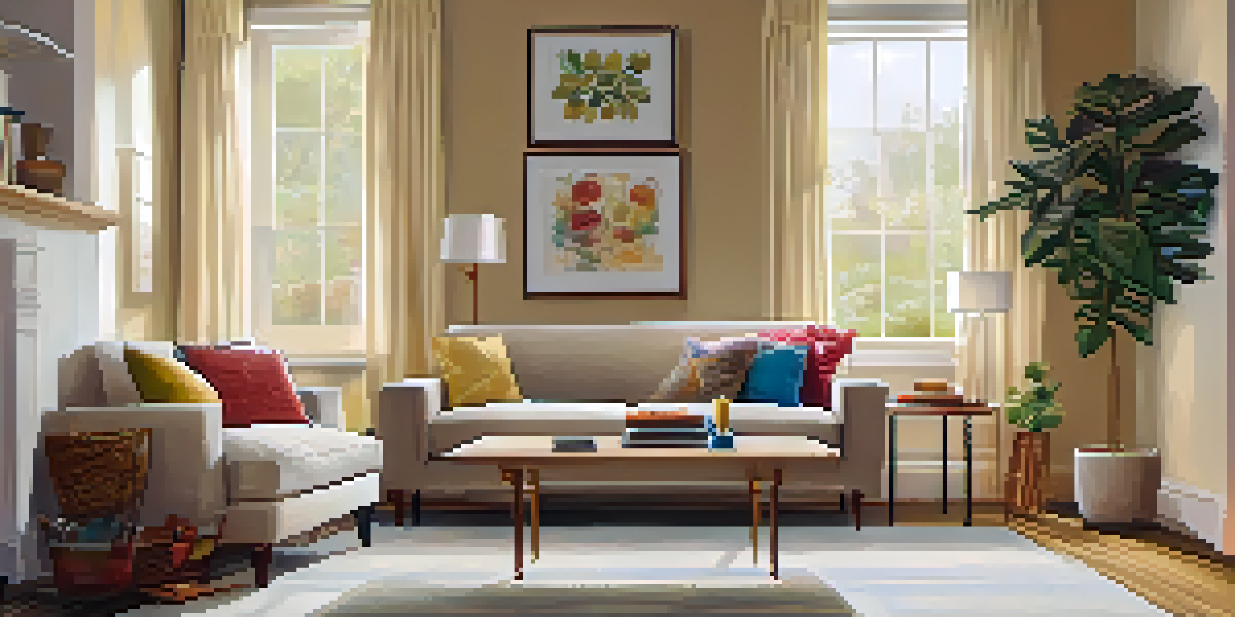 A warm and inviting living room with ambient lighting from floor and table lamps, a cozy sofa, and illuminated bookshelves.