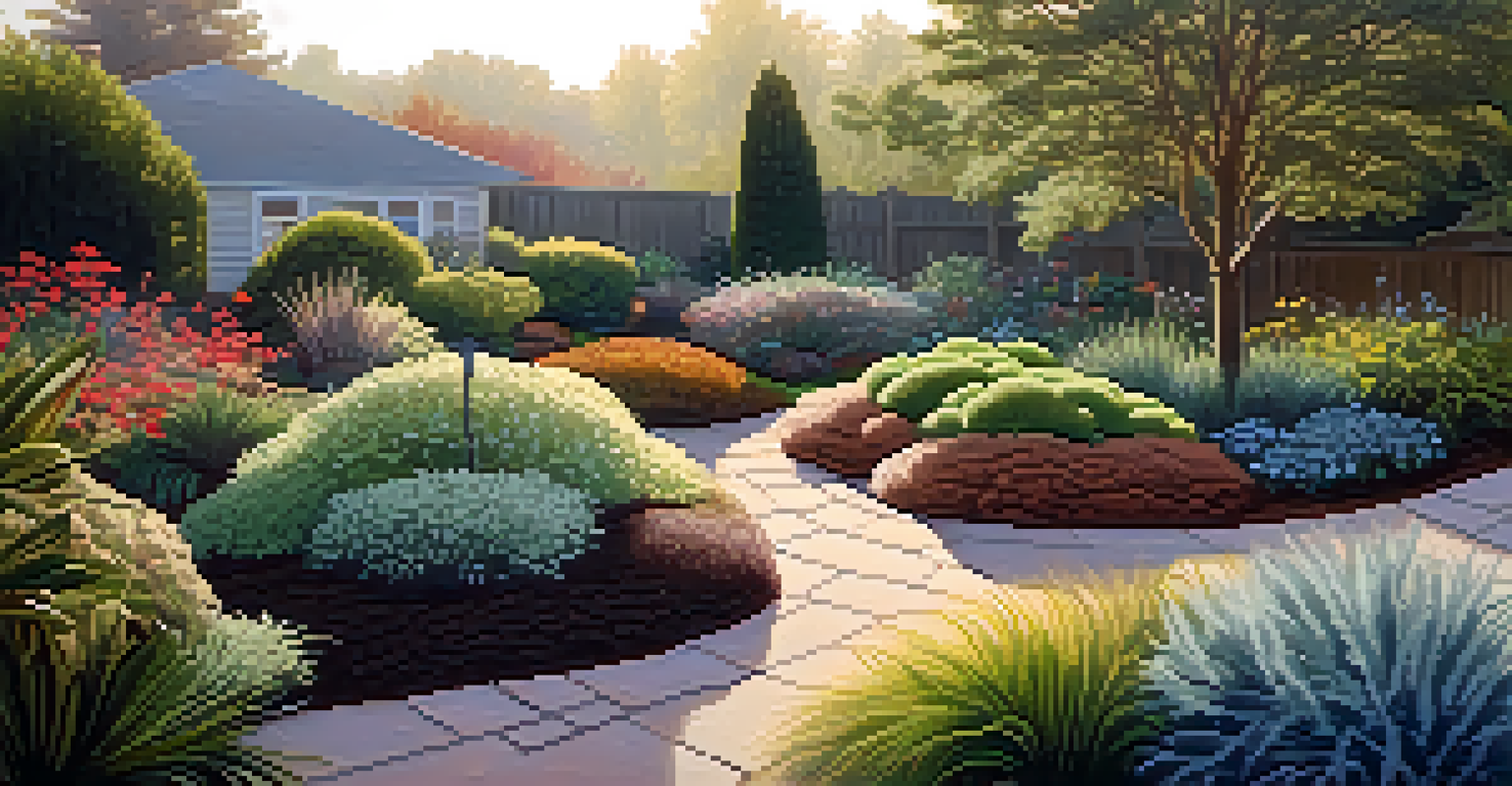 Protected plants in a garden wrapped in burlap with mulch, surrounded by a light frost in a serene setting.