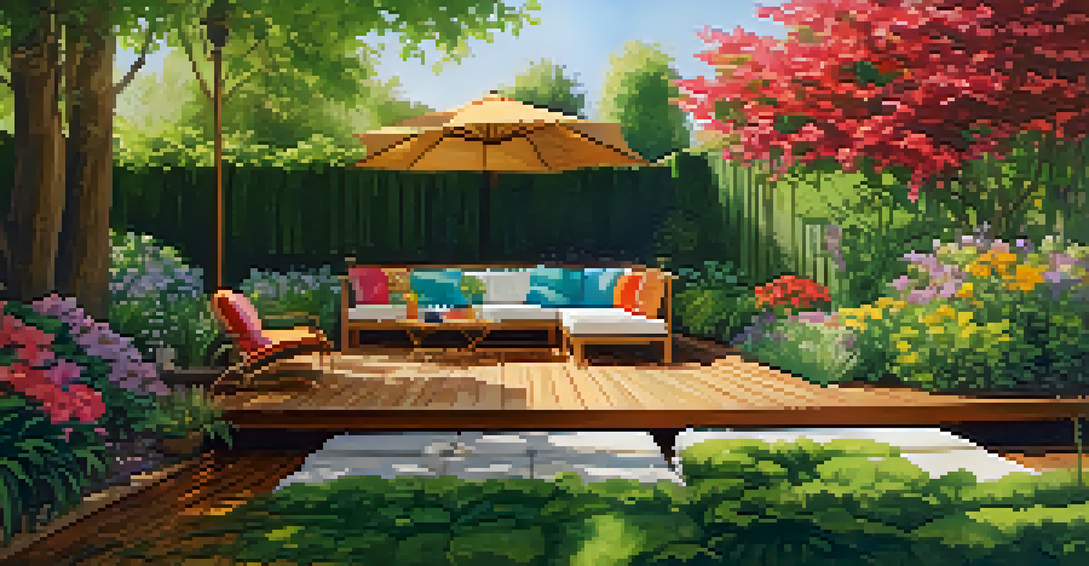 A serene backyard garden featuring a wooden deck, colorful flowers, lush greenery, and a comfortable seating area, illuminated by dappled sunlight.