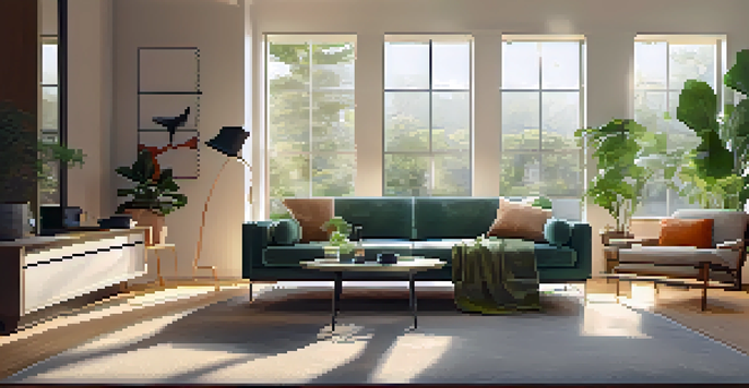 A contemporary living room with a smart thermostat, bright natural light, and modern furniture.
